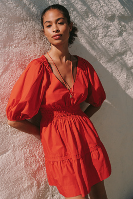 100% Cotton Puff-Sleeve Smocked A-Line Mini Dress