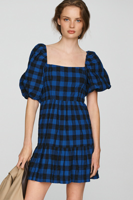 Somerset Puff-Sleeve Plaid Mini Dress