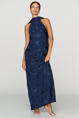 anthropologie silk halter midi dress Jacquard Slip by in Blue, Size: Large Satin dress