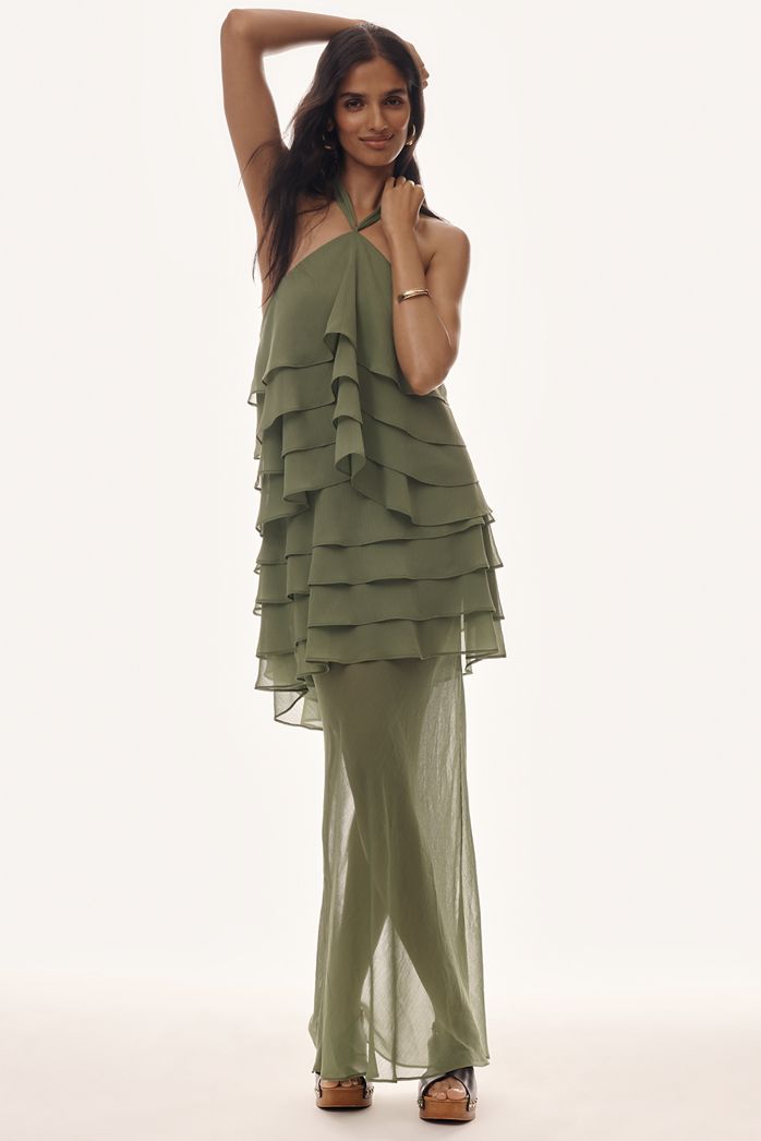 THIRD FORM Gaia Sheer Ruffle Halter Dress
