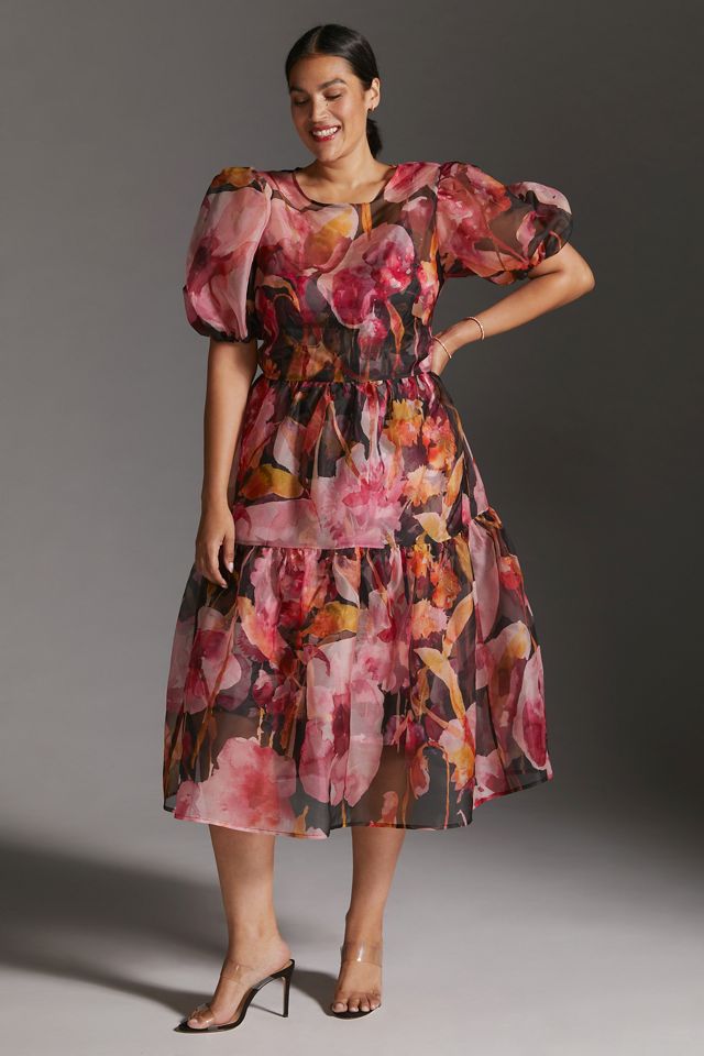 By Anthropologie Puff-Sleeve Organza Midi Dress #6