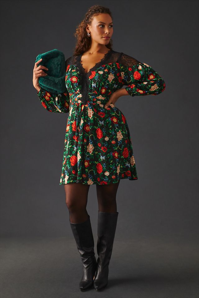 Anthropologie Lacy V Neck Floral Mini Dress Long Sleeve Size 6 New