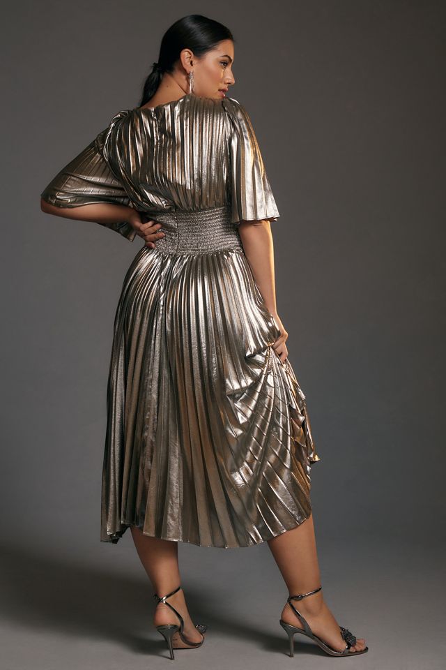 By Anthropologie Short-Sleeve Metallic Cutout Midi Dress #6