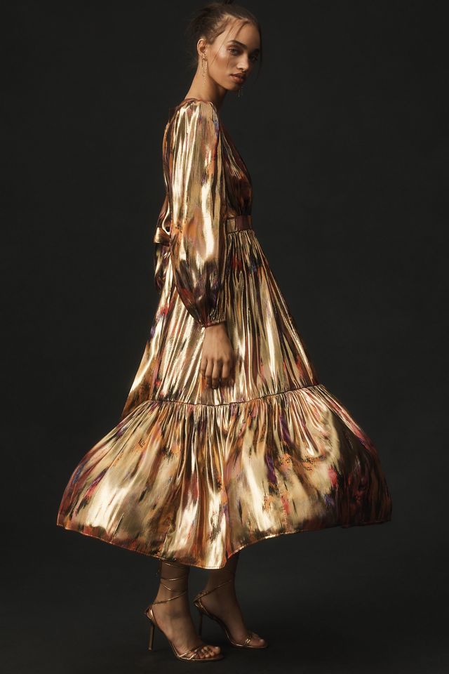 By Anthropologie Long-Sleeve V-Neck Metallic Midi Dress #1