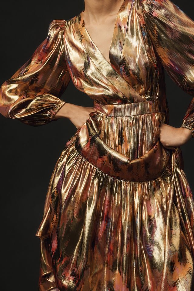 By Anthropologie Long-Sleeve V-Neck Metallic Midi Dress #2