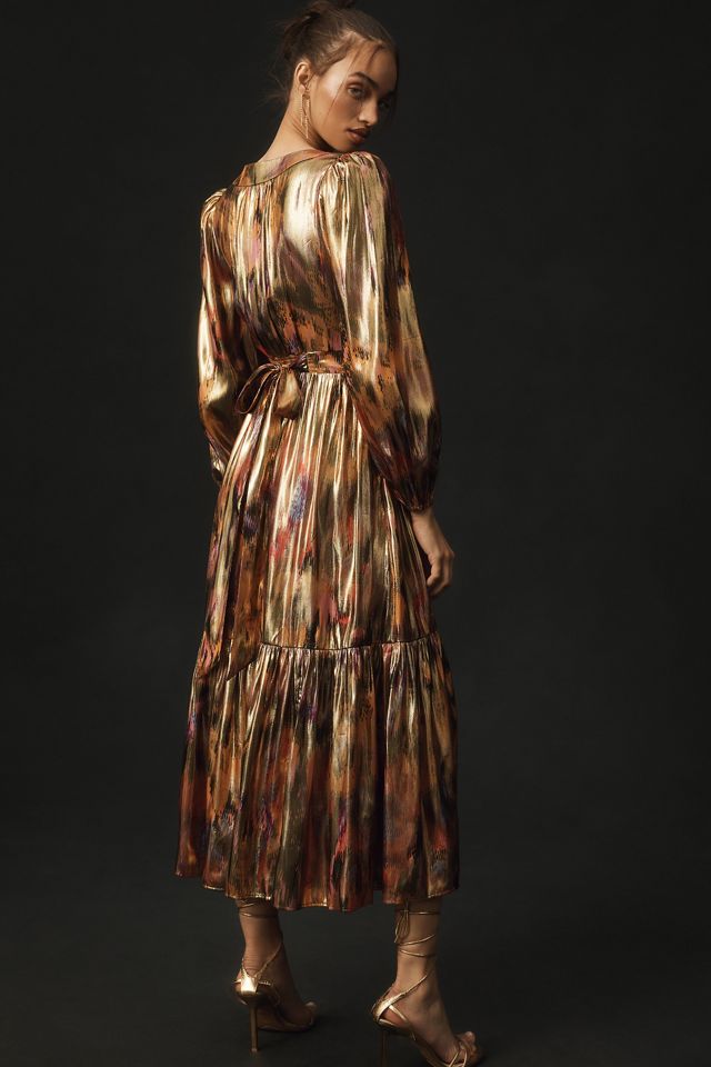 By Anthropologie Long-Sleeve V-Neck Metallic Midi Dress #3