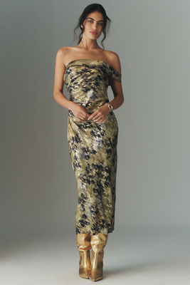 By Anthropologie One-shoulder Printed Slim Midi Dress In Green