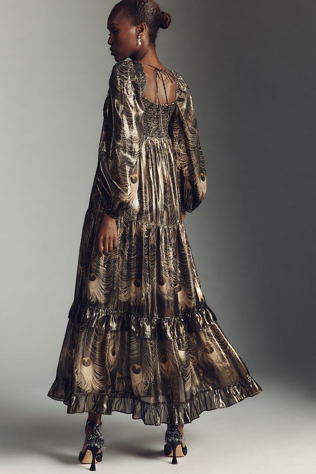 By Anthropologie Long-Sleeve Metallic Babydoll Midi Dress #2