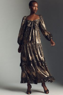 By Anthropologie Long-Sleeve Metallic Babydoll Midi Dress