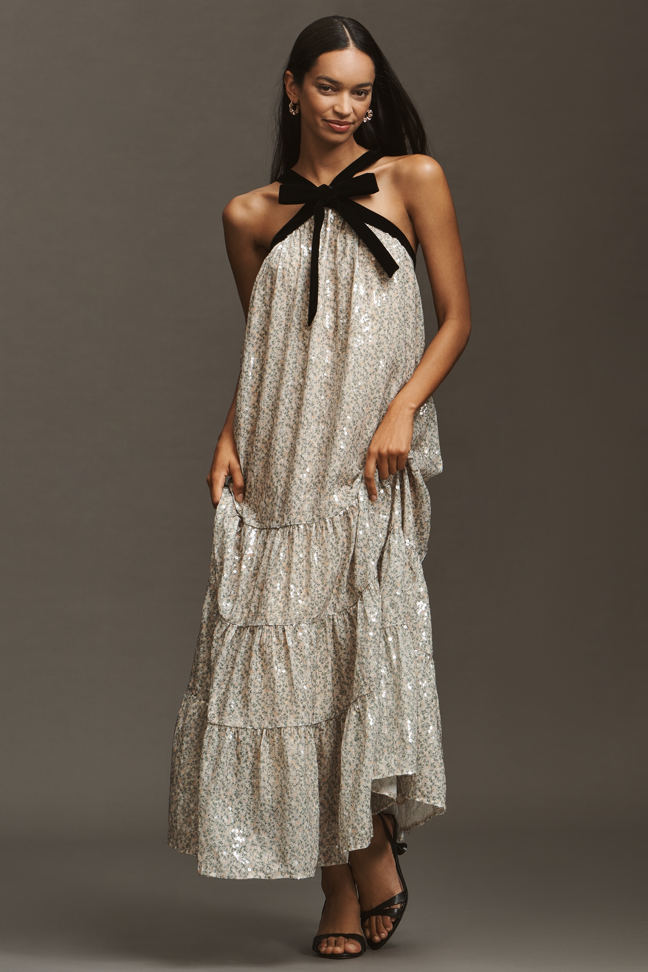 Maude Bobbie Halter Metallic Tiered Maxi Dress