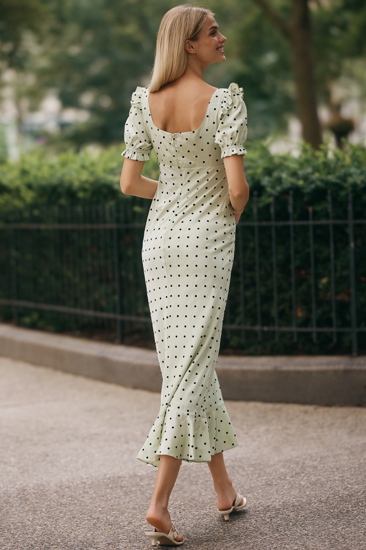 Maude Georgina Puff-Sleeve Scoop-Neck Midi Dress