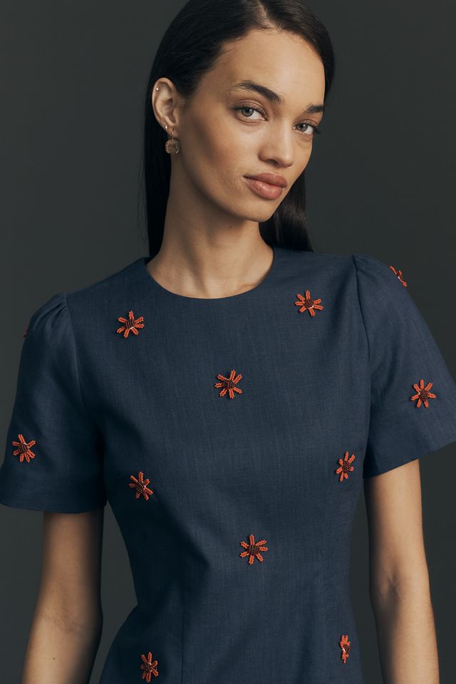 Maude Club Dawn Short-Sleeve Embroidered Mini Dress | Anthropologie