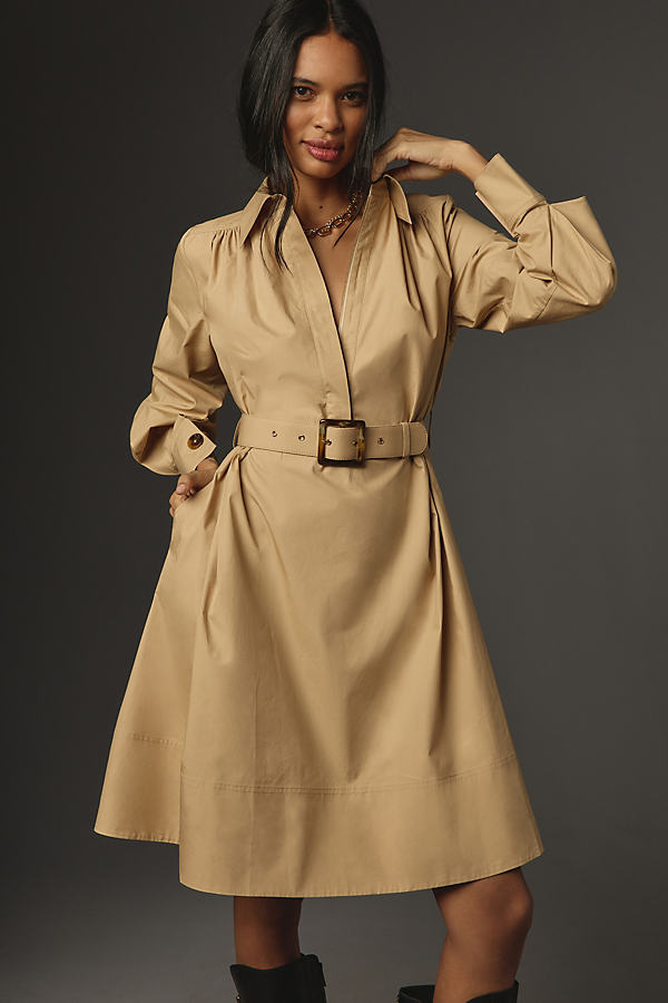 Mare Mare Long-sleeve Collared Zip-front Midi Dress In Beige