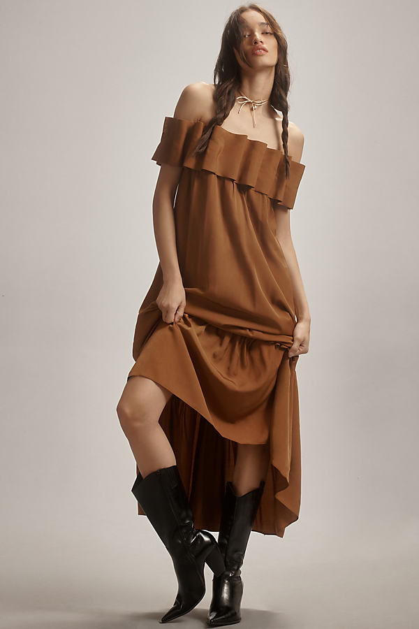Mare Mare Off-the-shoulder 3d Ruffled Midi Dress In Brown
