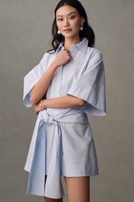 Shop Mare Mare Short-sleeve Wrap Mini Shirt Dress In Blue