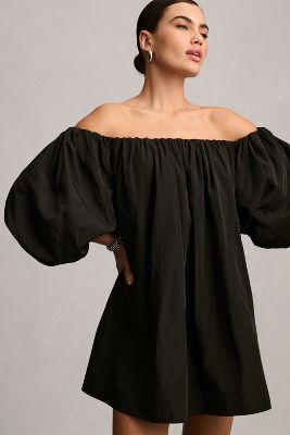 Shop Mare Mare Puff-sleeve Off-the-shoulder Mini Dress In Black