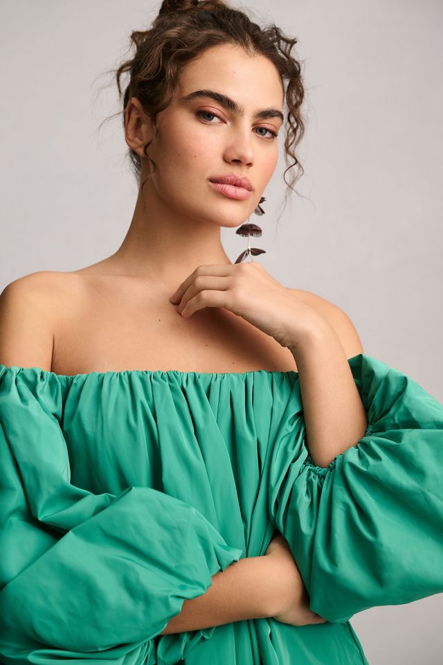 Anthropologie ★ Mare Mare Off-The-Shoulder Shine Mini Dress heynasreen x Mare Mare Off-The-Shoulder Puff-Sleeve Shine