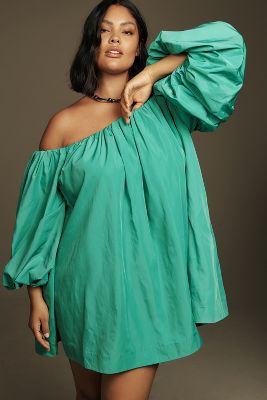 Shop Mare Mare Puff-sleeve Off-the-shoulder Mini Dress In Green
