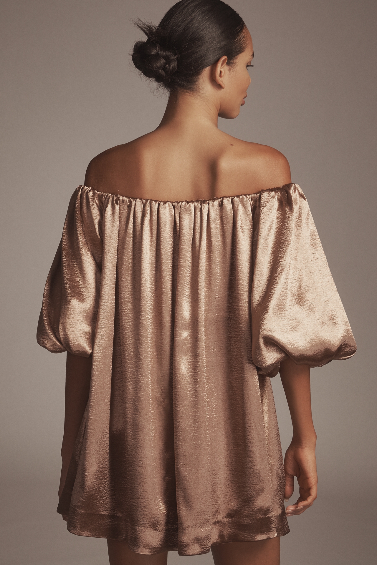 @heynasreen x Mare Off-The-Shoulder Puff-Sleeve Shine Mini Dress