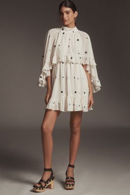 Mare Mare Embroidered Chiffon Cape Swing Mini Dress