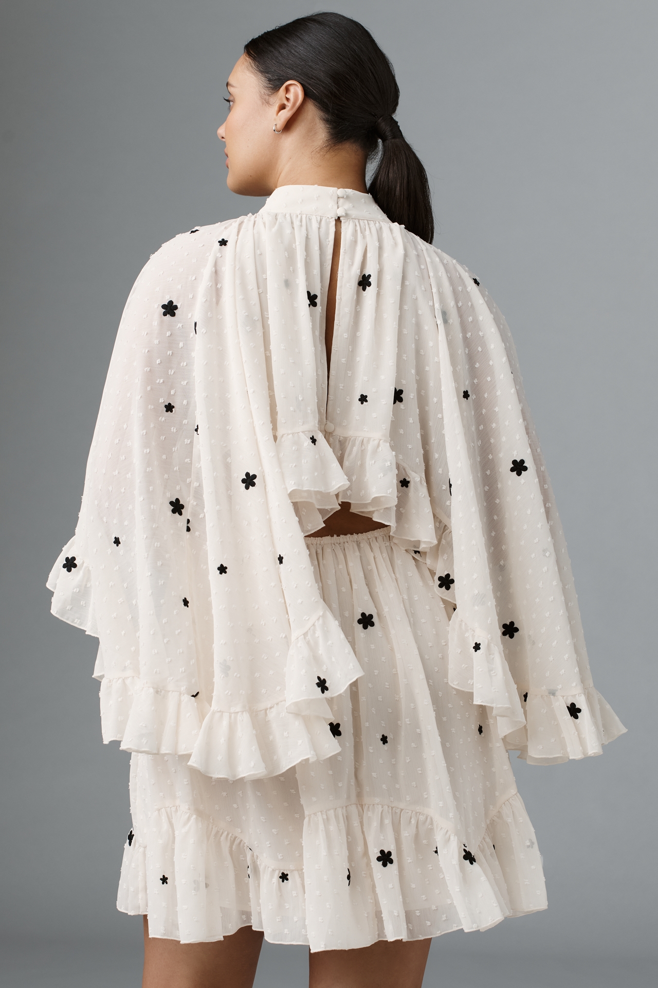 Mare Embroidered Chiffon Cape Swing Mini Dress