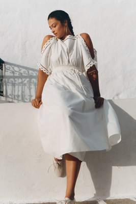 Cold-Shoulder Eyelet Midi Dress