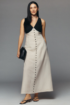Linen V-Neck Button-Front Maxi Dress