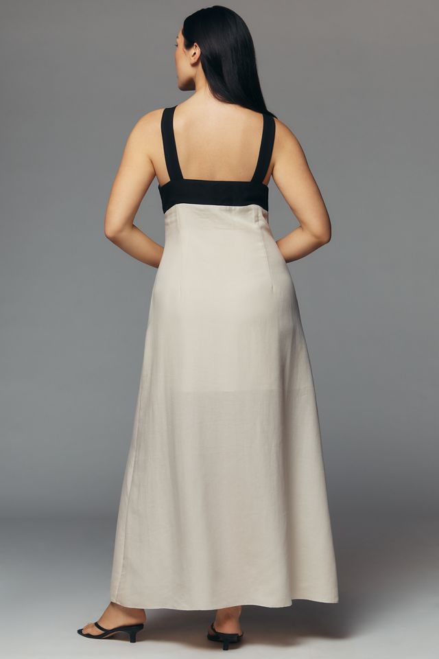 Linen V-Neck Button-Front Maxi Dress by Mare Mare in Beige, Size: Large at Anthropologie