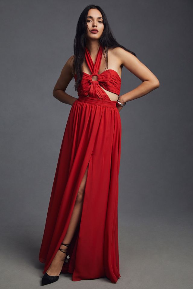 slim fit dress slacks SILK PLISSE ESSENCE HALTERNECK GOWN – PatBO main image 0