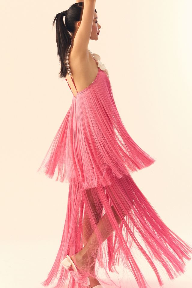 PatBO Pearl Beaded Flower Halter Fringe Dress #1