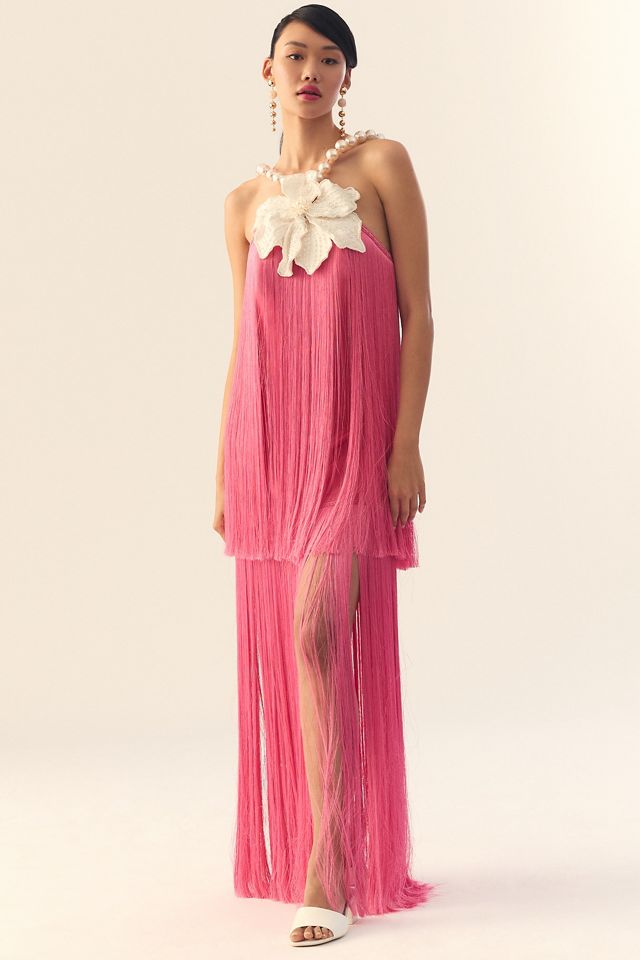 PatBO Pearl Beaded Flower Halter Fringe Dress #2
