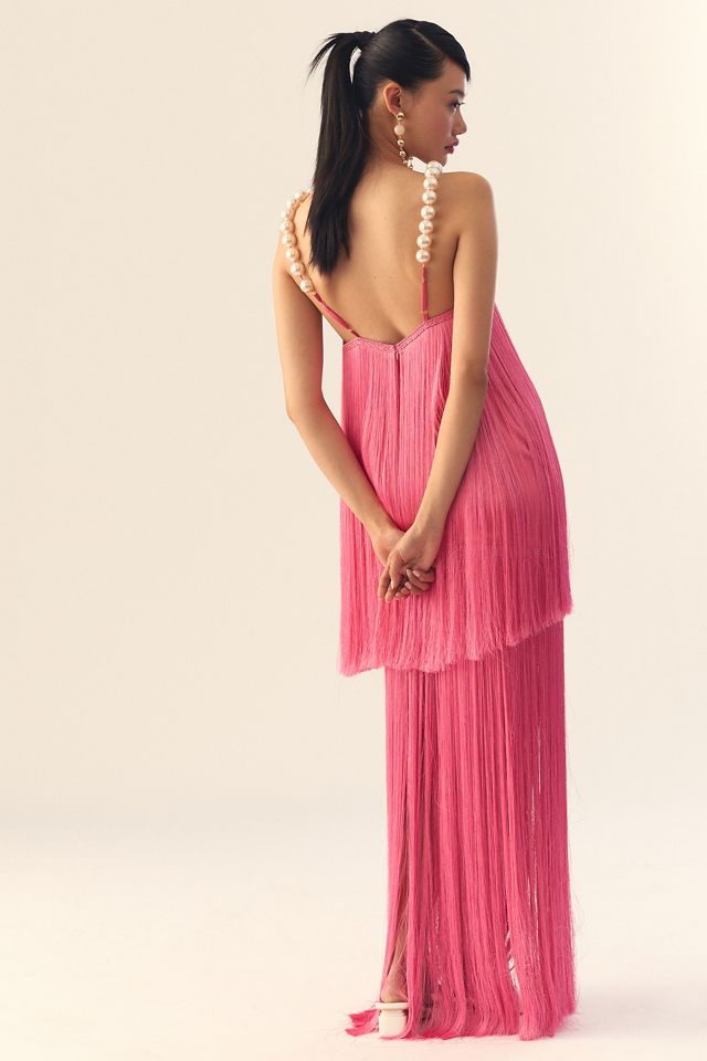 PatBO Pearl Beaded Flower Halter Fringe Dress #3