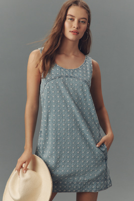 PILCRO SCOOP-NECK DENIM SHIFT MINI DRESS 