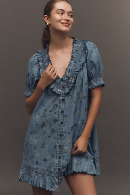 anthropologie Pilcro Puff-Sleeve Ruffled V-Neck Swing Mini Dress Daisy Chain Wash