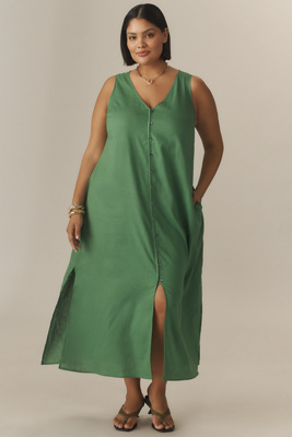 Universal Standard Plus Islet Button-front Linen Blend Midi Dress In Green