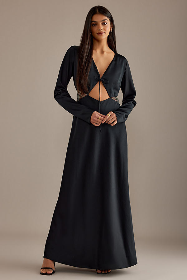 Significant Other Elodie Long-Sleeve Diamante Mesh Cutout Maxi Dress