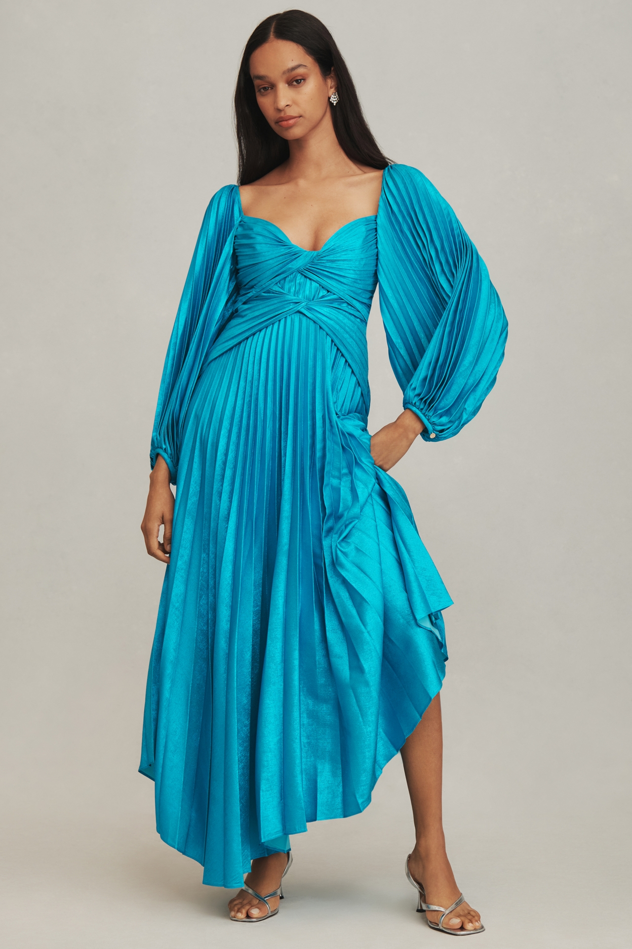 Acler Larimer Long-Sleeve V-Neck Pleated Maxi Dress