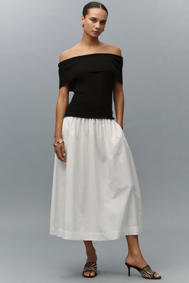 Central Park West Darcy Off-the-shoulder Drop-waist Twofer Midi Dress In Multi