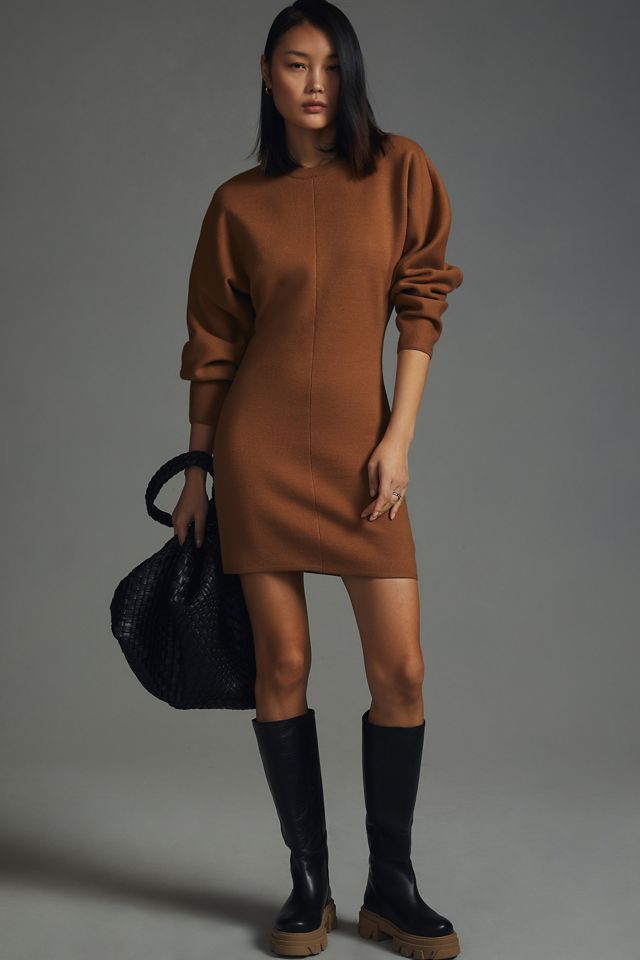 anthropologie grey sweater dress By Anthropologie 3/4 Sleeve Ruffled Sweater Knit Dress