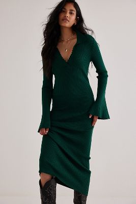 Penelope V-Neck Polo Rib Knit Midi Dress