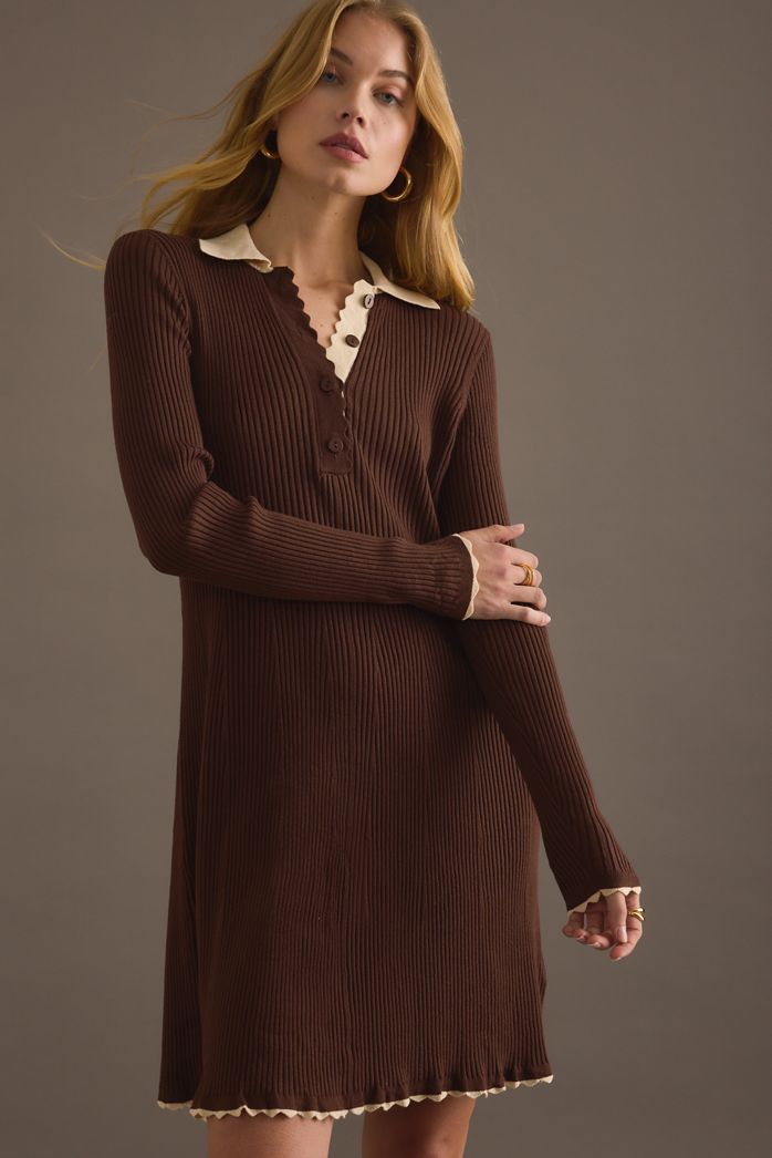 By Anthropologie Ribbed Long-Sleeve Mini Dress