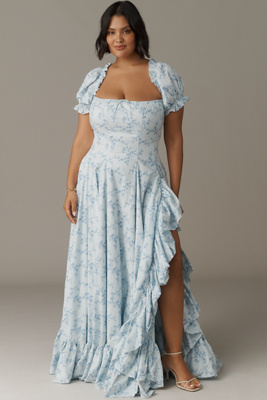 Selkie Foxglove Plus Short-sleeve Ruffle Maxi Dress In Blue