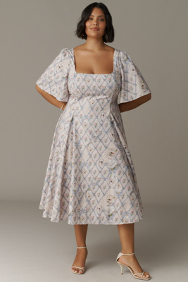 Selkie Bluebell Plus Short-sleeve Square-neck Midi Dress In Blue