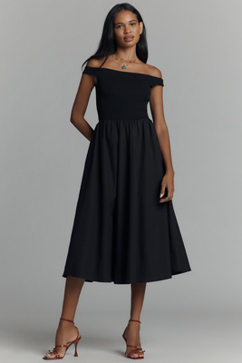 Elodie Vera Off-the-shoulder Midi Dress In Black