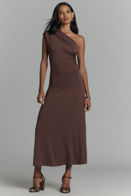 Elodie Cora One-shoulder Knit Midi Dress In Brown