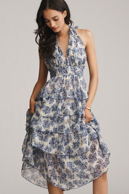 En Saison Odessa Floral Print Tiered Halter Maxi Dress In Blue