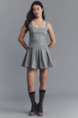 En Saison Quinley Square-neck Pleated Mini Dress In Gray