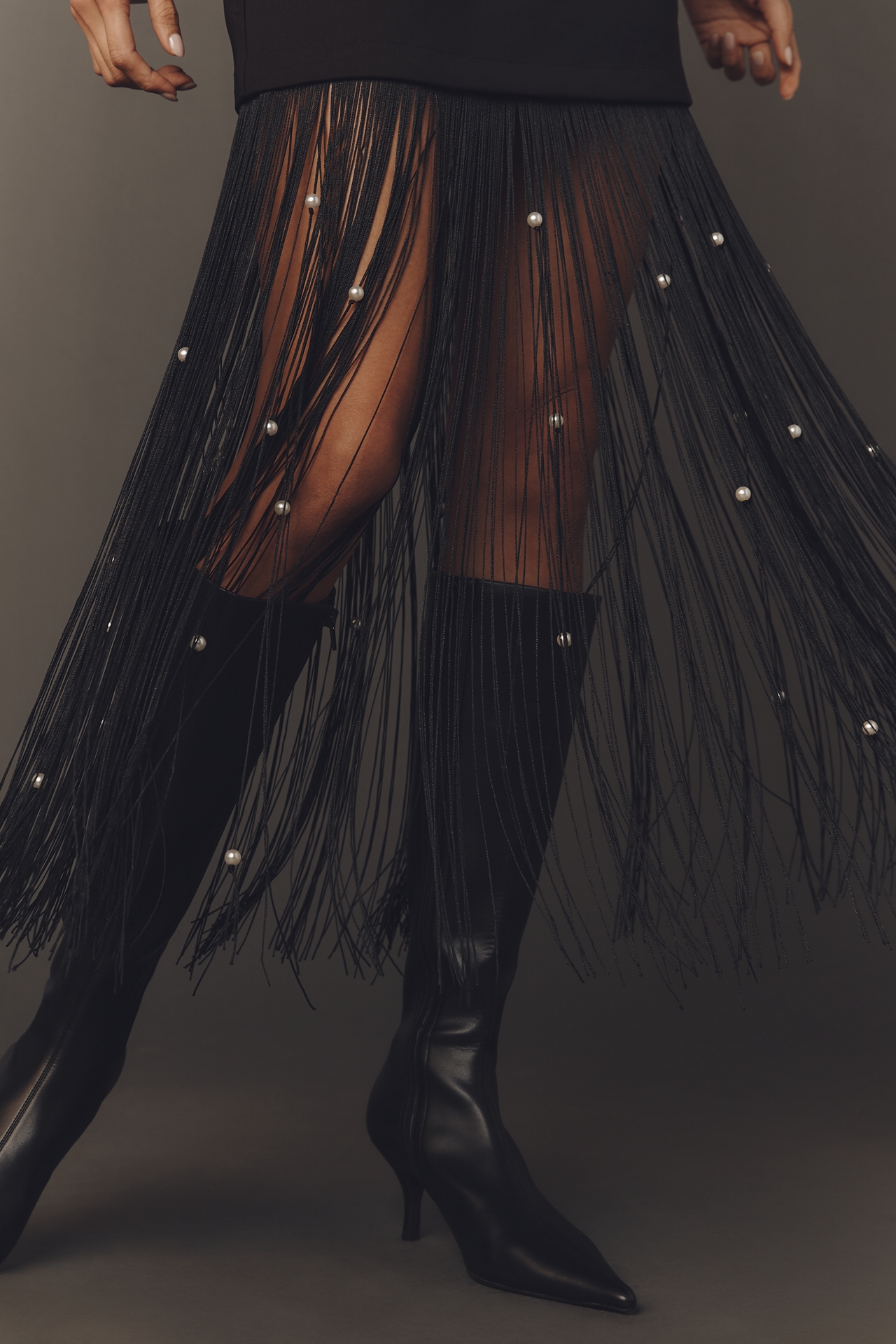 En Saison Leah Fringe-Hem Pearled Mini Dress