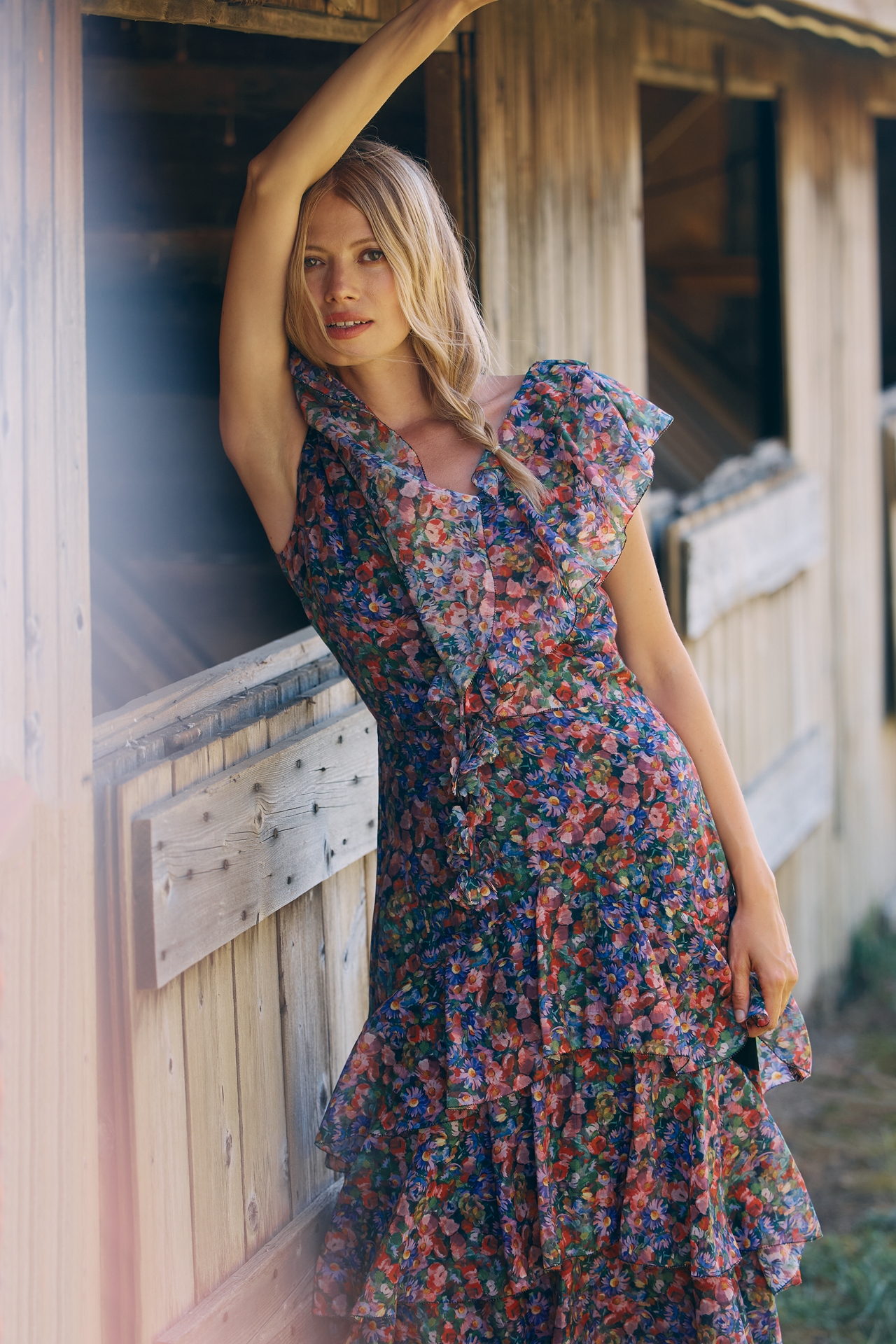 En Saison Naomi Short-Sleeve V-Neck Ruffled Maxi Dress