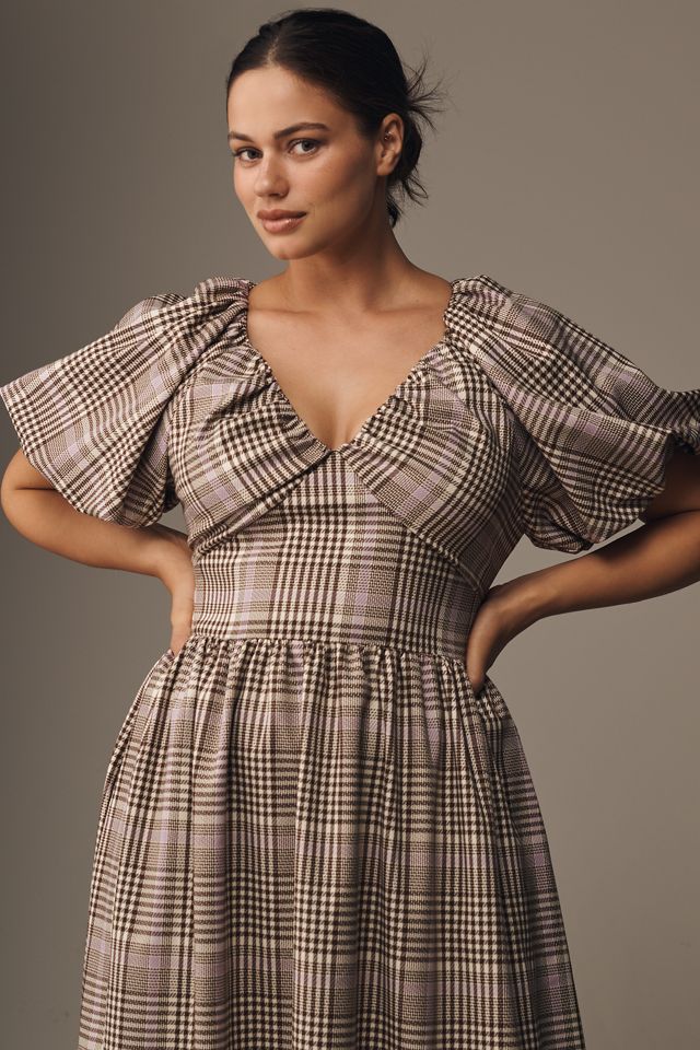 Charleigh Puff-Sleeve Midi Dress by En Saison in Brown, Size: XS Petite at Anthropologie
